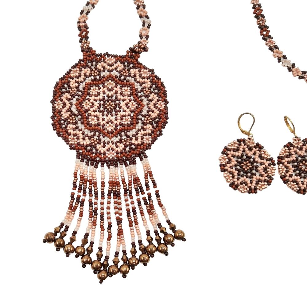 Handmade Brown Mandala Boho Bead Necklace and Earnings Set - Picture 2 of 3